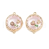 Brass Enamel & Natural Pearl Flat Round with Flower Connector Charms KK-K351-50G-02-1