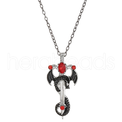 Alloy Siam Rhinestone Dragon Sword Pendant Necklaces NJEW-V005-03AS-1