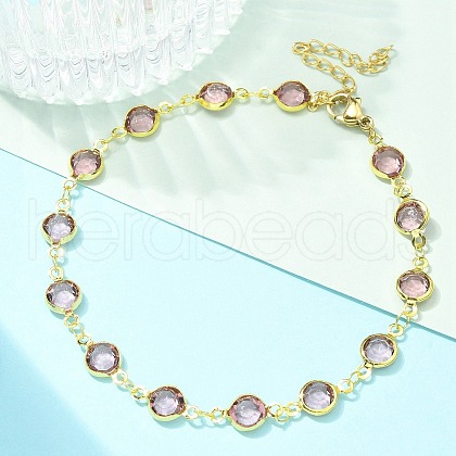 304 Stainless Steel Flat Round Acrylic Rhinestone Cup Chain Anklets for Women AJEW-B031-02G-01-1