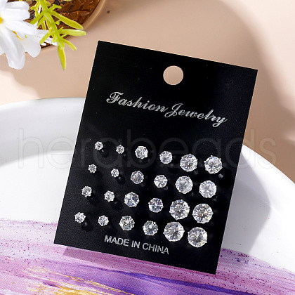 12 Pairs 6 Sizes Brass with Clear Cubic Zirconia Stud Earrings Sets PW-WG99341-02-1
