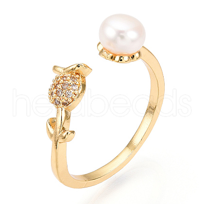 Mother's Day Jewellery Natural Pearl Open Cuff  Ring Micro Pave Clear Cubic Zirconia PEAR-N022-C07-1