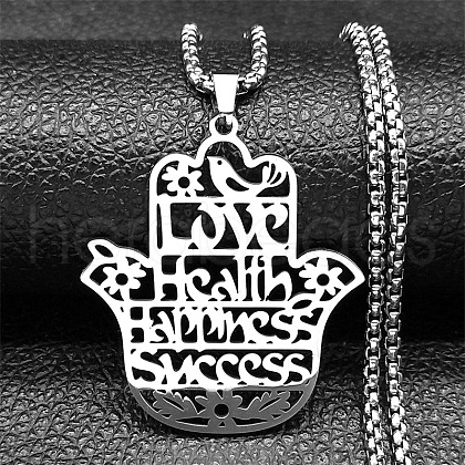 304 Stainless Steel Hollow Cut Hamsa Hand Pendant Necklaces NJEW-H065-07P-1
