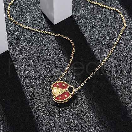 304 Stainless Steel Dark Red Enamel Ladybug Pendant Cable Chain Necklaces for Women NJEW-U032-07G-01-1