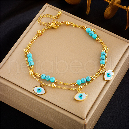 304 Stainless Steel & Round Synthetic Turquoise & Natural Shell Charm Double Layer Anklets FS-WGEF8AA-05-1