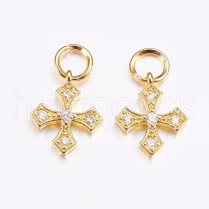 Brass Micro Pave Cubic Zirconia Tiny Cross Charms ZIRC-G128-04G-1