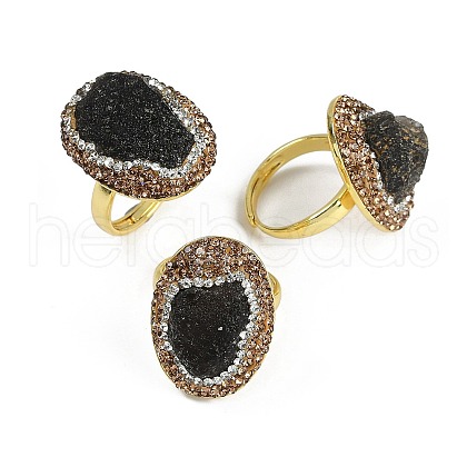 Oval Natural Tektite & Rhinestone Finger Rings RJEW-P128-02G-1