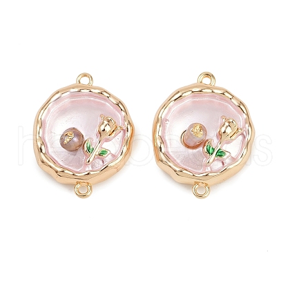 Brass Enamel & Natural Pearl Flat Round with Flower Connector Charms KK-K351-50G-02-1