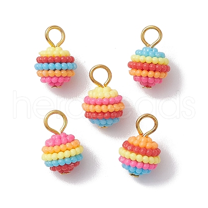 Rainbow Color Resin Waxberry Round Charms with Golden Tone Iron Loops PALLOY-JF02773-1