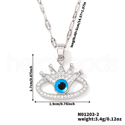 Fashionable Hip-hop Style Brass Full Crystal Rhinestone Crown Blue Evil Eye Pendant Dapped Chain Necklaces for Women MF0686-2-1