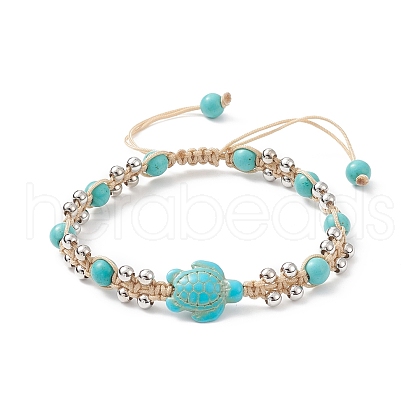 Synthetic Turquoise(Dyed) Tortoise & Brass Round Braided Bead Bracelet BJEW-TA00189-01-1