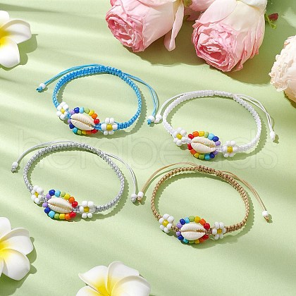 Cowrie Shell & Glass Seed Braided Bead Bracelets BJEW-JB11081-1
