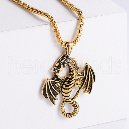 Vintage Stainless Steel Dragon Pendant Punk Hip-hop Necklaces for Men GL9782-1-1
