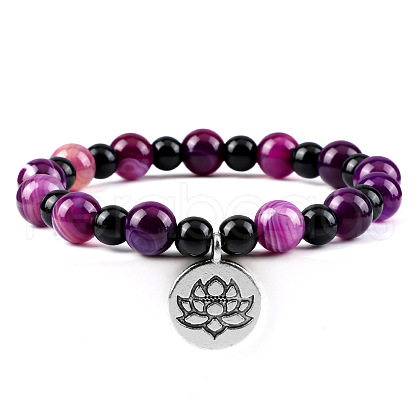 Yoga Natural Dyed Purple Banded Agate Round Beads Charm Bracelets SH1443-7-1