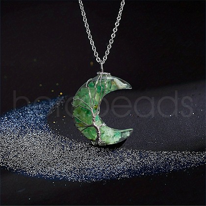 Resin with Natural Green Aventurine Chip Inside Moon with Tree of Life Copper Wire Wrapped Pendant Necklaces WGC6175-04-1