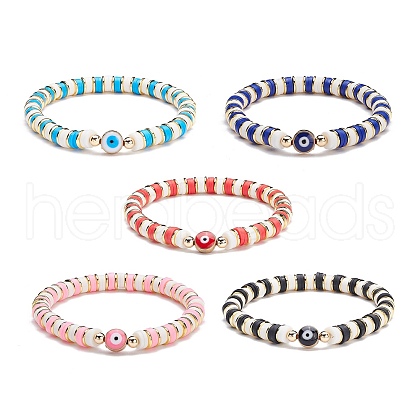 5Pcs 5 Colors Synthetic Hematite & Polymer Clay Heishi Beads Stretch Bracelets Set BJEW-SZ0002-05-1
