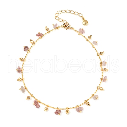 Bohemian Brass Twisted Chain Natural Rose Quartz Chip Tassel Anklets AJEW-Z046-06G-1