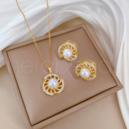 Brass Micro Pave Cubic Zirconia with Plastic Pearl Pendant Necklace & Stud Earrings WG7AC39-156-1