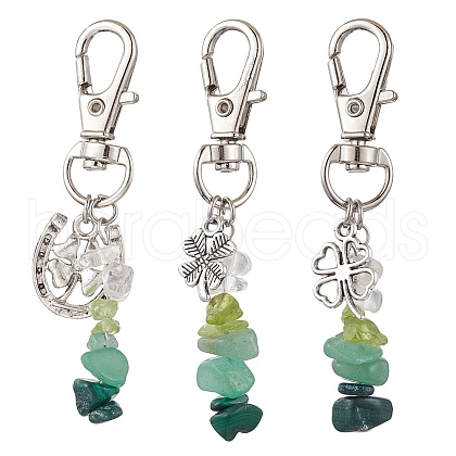 3Pcs 3 Styles Natural Peridot & Quartz Crystal & Green Aventurine & Malachite Chips Pendant Decorations HJEW-JM02338-1