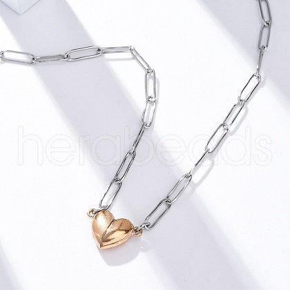 304 Stainless Steel Double-Sided Magnetic Heart Pendant Paperclip Chain Necklaces NJEW-U028-02RG-1