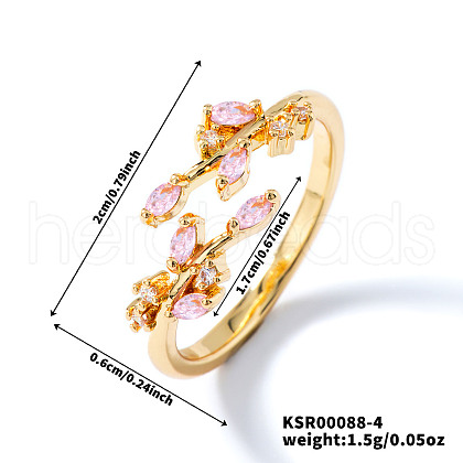 Exquisite Brass Cubic Zirconia Willow Leaf Cuff Rings for Women UN6923-4-1