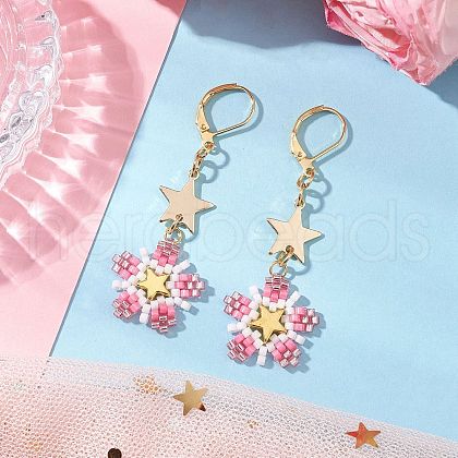 Brass Glass Seed Beads Flower Leverback Earrings EJEW-MZ00426-05-1