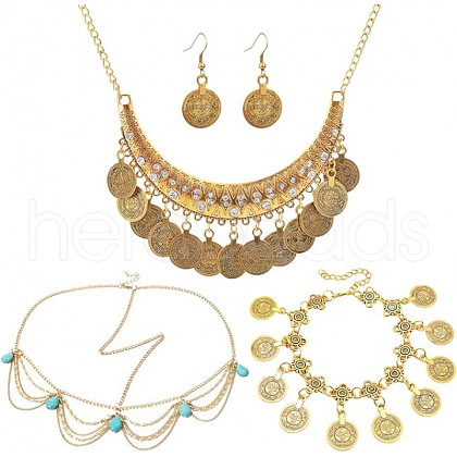 Alloy Rhinestone & Synthetic Turquoise Coin Jewelry Sets FS-WGB72F4-06-1