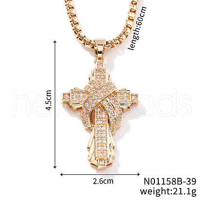 Brass Clear Cubic Zirconia Cross Pendant Box Chain Necklaces Fashionable and Versatile Jewelry Accessory OF9377-2-1
