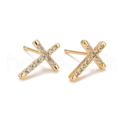Clear Cubic Zirconia Cross Stud Earrings X-EJEW-G288-31G-1