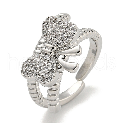 Bowknot Brass Micro Pave Cubic Zirconia Open Cuff Ring for Women RJEW-E296-11P-1