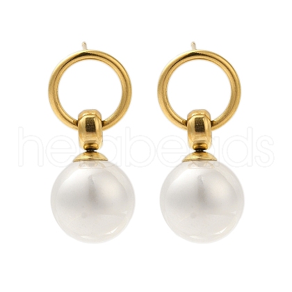 304 Stainless Steel Shell Pearl Round Stud Earrings for Women EJEW-U020-30G-01-1