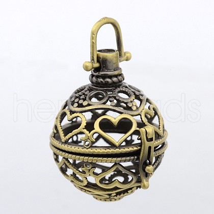 Round with Heart Brass Hollow Cage Pendants KK-P026-08AB-NR-1