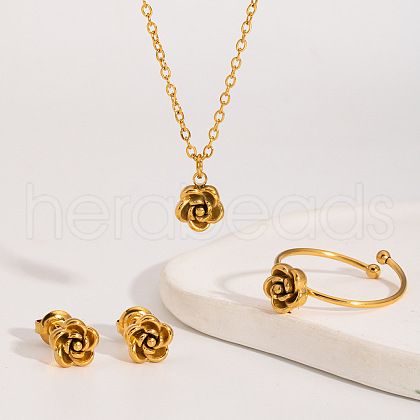 Stainless Steel Rose Pendant Necklaces & Stud Earrings & Cuff Ring Sets for Women UH3805-1-1