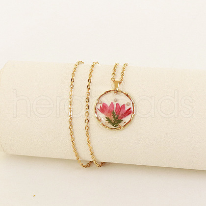 Alloy & Plastic Inner Flower Flat Round Pendant Necklaces FS-WG8915D-13-1