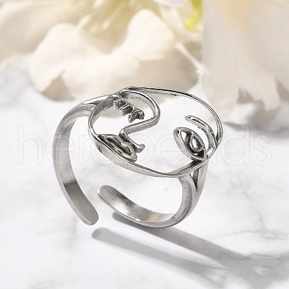Hollow Human Face 304 Stainless Steel Open Cuff Rings for Women RJEW-M046-03P-1
