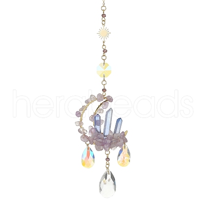 Wire Wrapped Natural Amethyst Chip & Brass Moon Pendant Decoration HJEW-TA00082-1