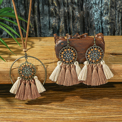 Alloy & Wood Tassel Pendant Necklace & Dangle Earring FS-WGEEC72-05-1