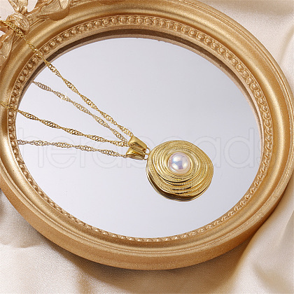 Flat Round 304 Stainless Steel Pave Plastic Imitation Pearl Pendant Necklaces for Women FS-WGC8F05-01-1