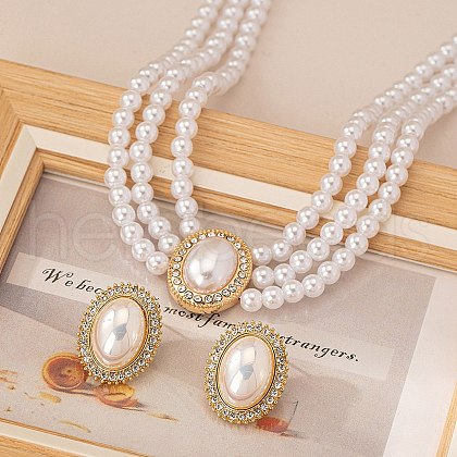 Oval Imitation Pearl Stud Earrings & Beaded Necklaces Sets for Women FS-WGE3419-01-1
