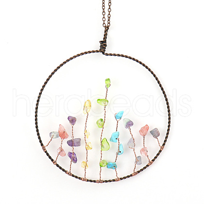 Chakra Natural Mixed Stone Chip Copper Wire Wrapped Big Pendants HJEW-K046-01R-1