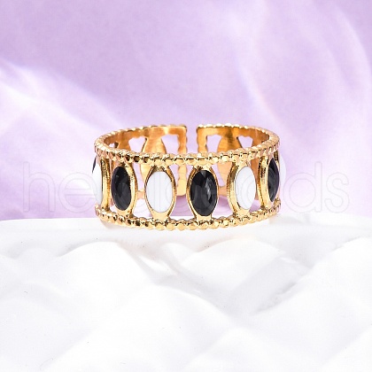 304 Stainless Steel Enamel Oval Hollow Cuff Rings RJEW-D306-26G-1