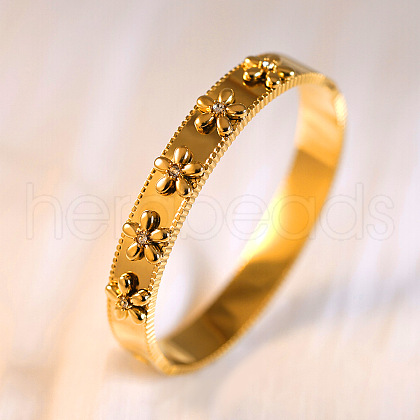 Flower Pattern 304 Stainless Steel Micro Pave Clear Cubic Zirconia Bangles for Women FS-WG22E75-01-1