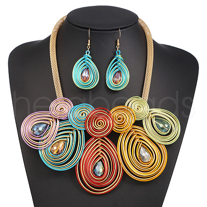 Aluminum Wire Wrapped Glass Beaded Pendant Necklaces & Dangle Earrings Sets WGF0899-01-1