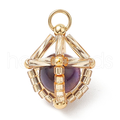 Natural Tiger Eye(Dyed & Heated) & Handmade Glass Seed Beaded Round Pendants PALLOY-MZ00471-04-1