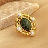 304 Stainless Steel with Natural Gemstone and Plastic Imitation Pearl Adjustable Cuff Rings for Women RJEW-Z096-02G-02-1
