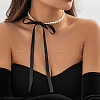 Bowknot Satin Cord Plastic Imitation Pearl Round Beaded Choker Necklaces for Women WG8633D-01-3