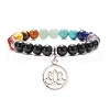 Natural Black Agate & Mixed Gemstone Stretch Bracelet with Alloy Lotus Charms BJEW-TA00134-01-1