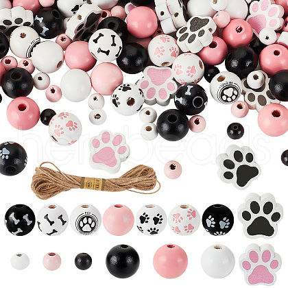 Olycraft 305Pcs 15 Styles Spray Painted Dog Paw Print Wood Beads WOOD-OC0002-99-1