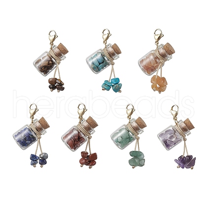 Chakra Natural & Synthetic Gemstone Chip inside Glass Wishing Bottle Pendants Decorations HJEW-JM01892-1