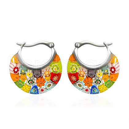 Flat Round 304 Stainless Steel Millefiori Glass Hoop Earrings FS-WG56358-01-1