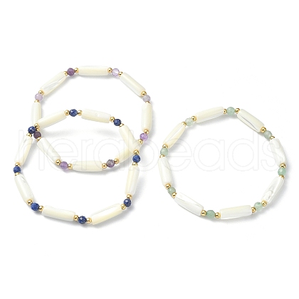 3Pcs 3 Style Natural Mixed Gemstone & White Shell Tube Beaded Stretch Bracelets Set BJEW-TA00430-1